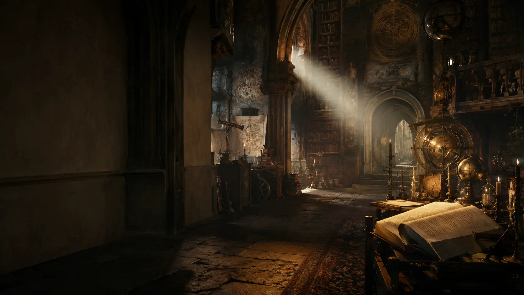 A candlelit occult library with an open book and a doorway beyond.